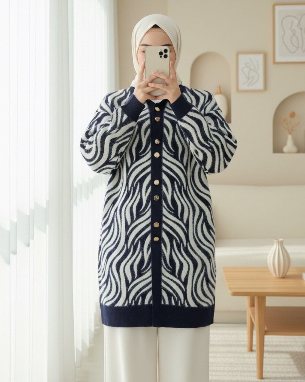 Moda Morfo Düğmeli Zebra Desen Sakallı Triko Hırka -Kahve görsel 2