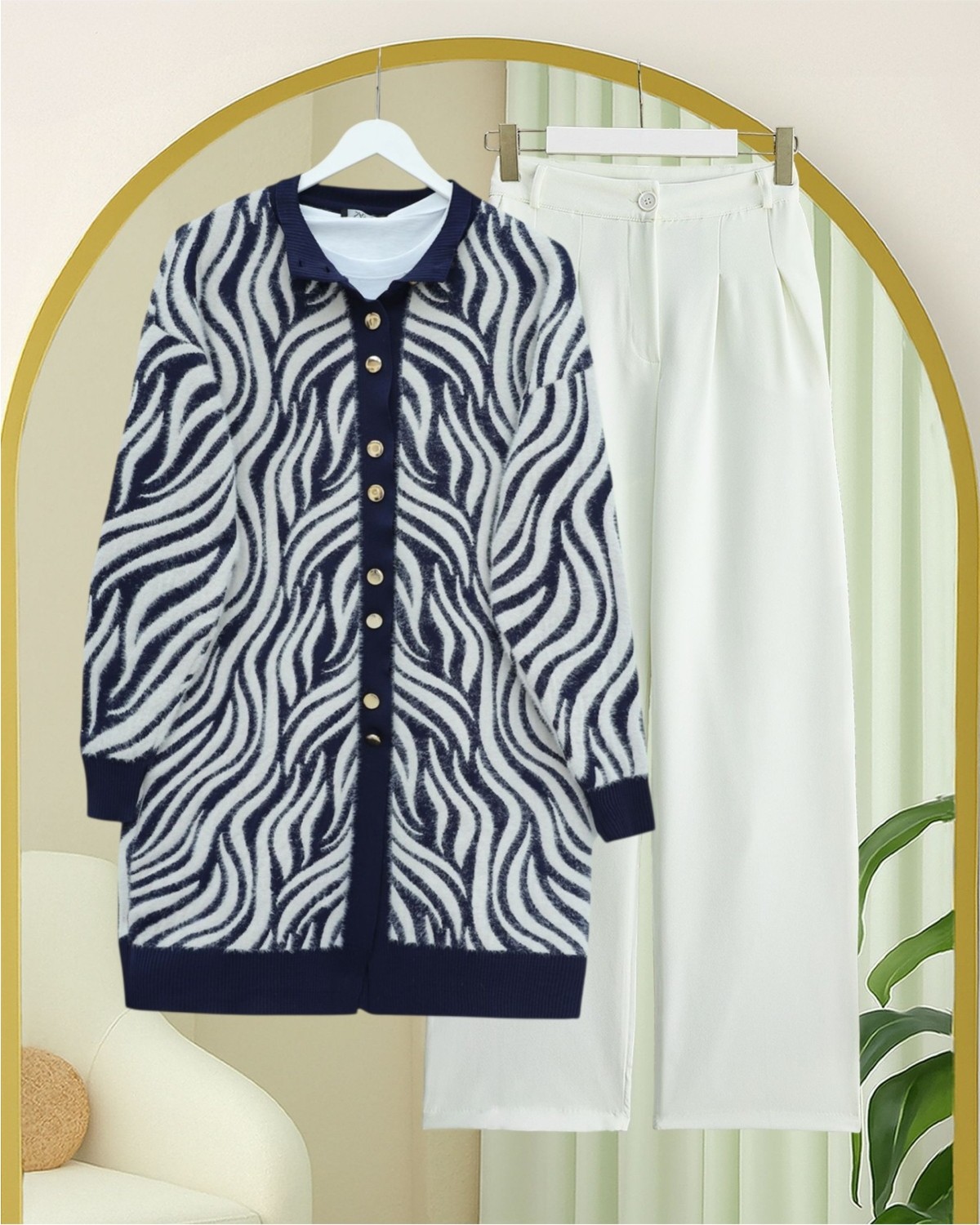 Moda Morfo Düğmeli Zebra Desen Sakallı Triko Hırka -Kahve görsel 3