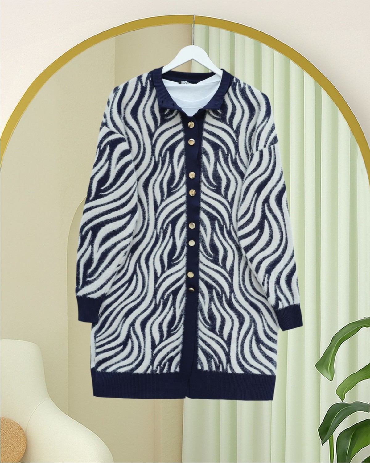 Moda Morfo Düğmeli Zebra Desen Sakallı Triko Hırka -Kahve görsel 4