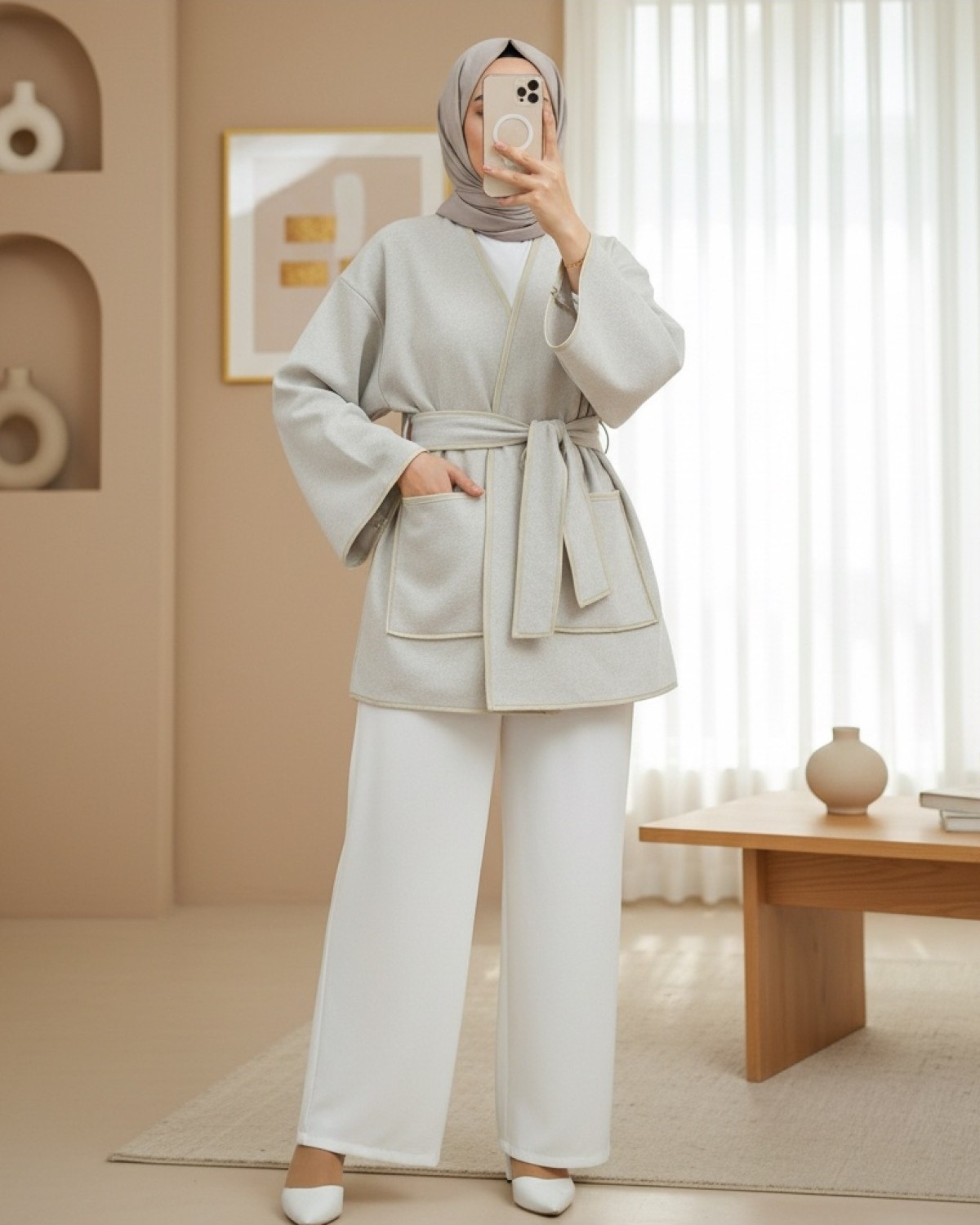 Moda Morfo Biye Detaylı Çift Cepli Kuşaklı Kaşe Kimono -Kahve görsel 7