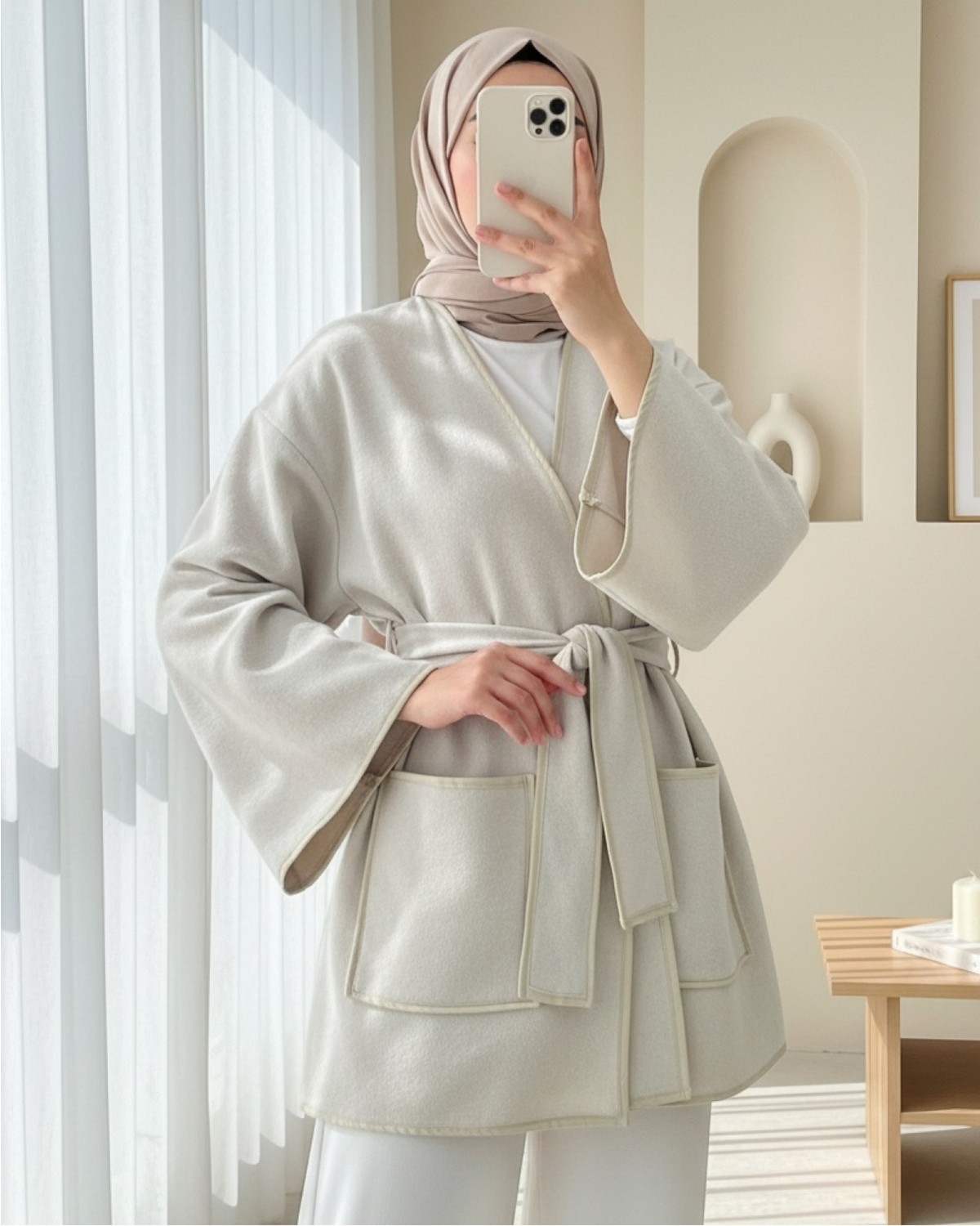 Moda Morfo Biye Detaylı Çift Cepli Kuşaklı Kaşe Kimono -Kahve görsel 8