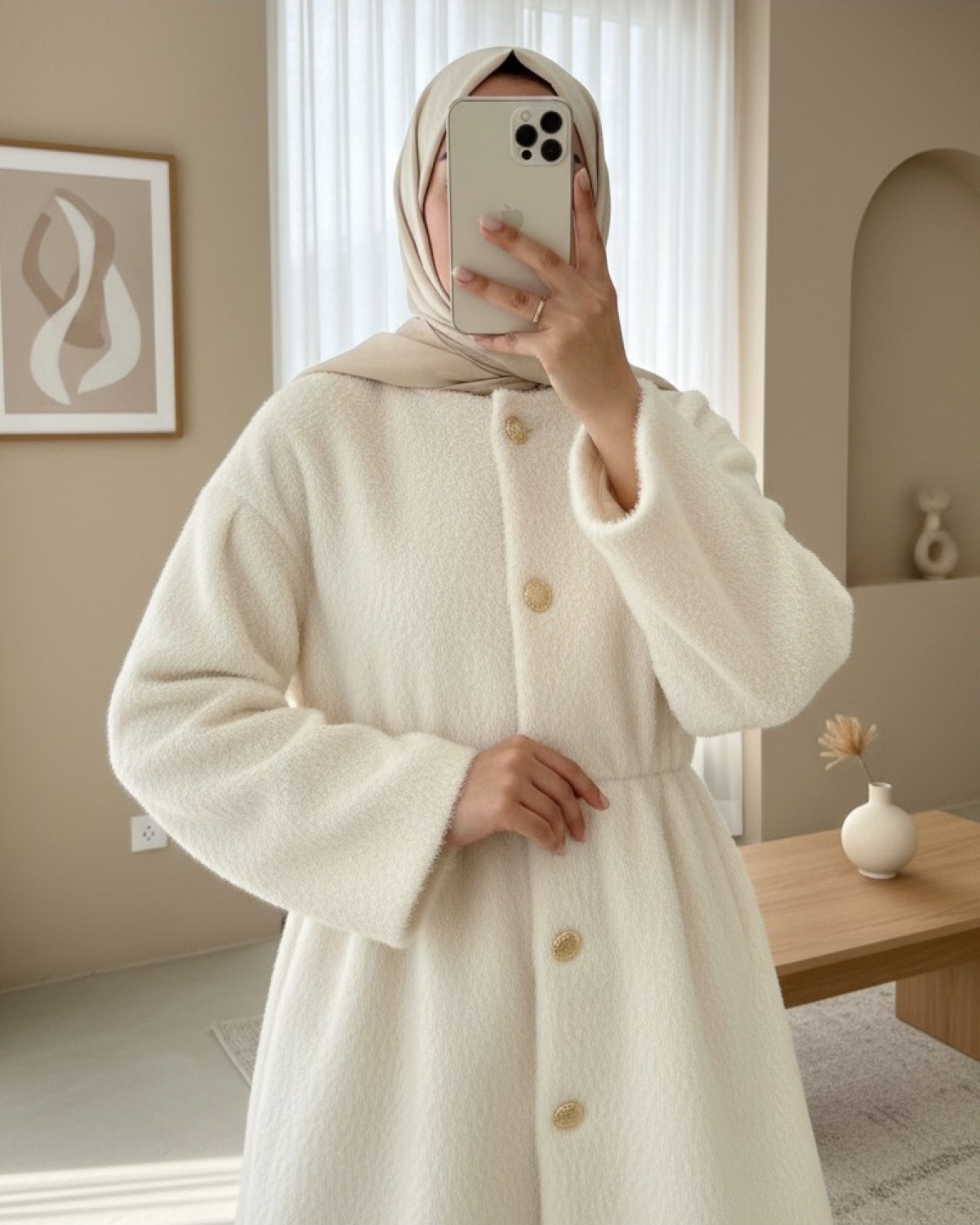 Moda Morfo İçi Astarlı Beli Büzgülü Kürklü Ceket -Krem görsel 2