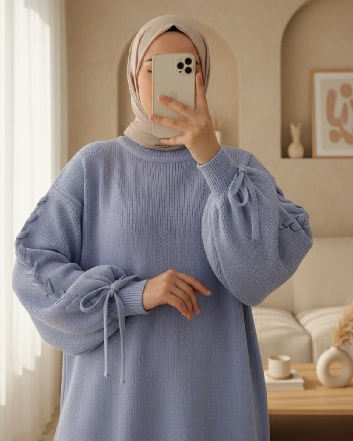 Moda Morfo Yuvarlak Yaka Kolu Örgü Detaylı Triko Kazak -İndigo görsel 6