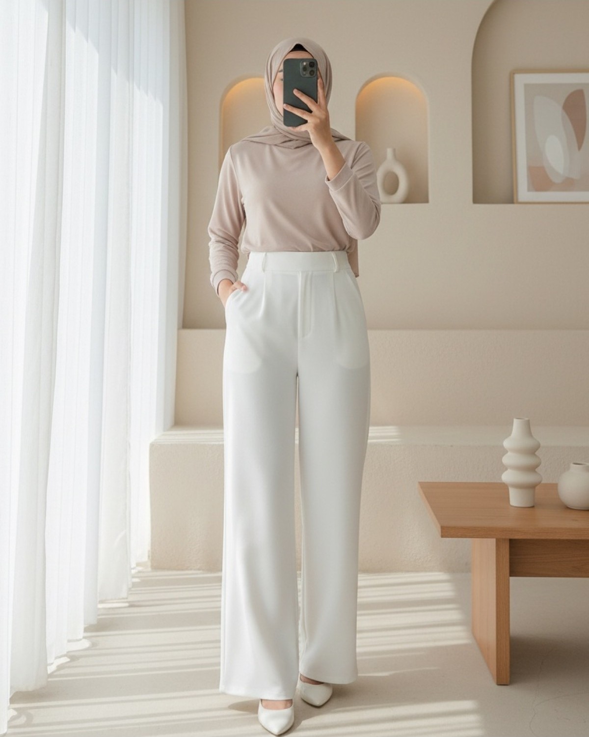 Moda Morfo Beli Cırtcırt Detay Boru Paça Kumaş Pantalon -Beyaz görsel 7