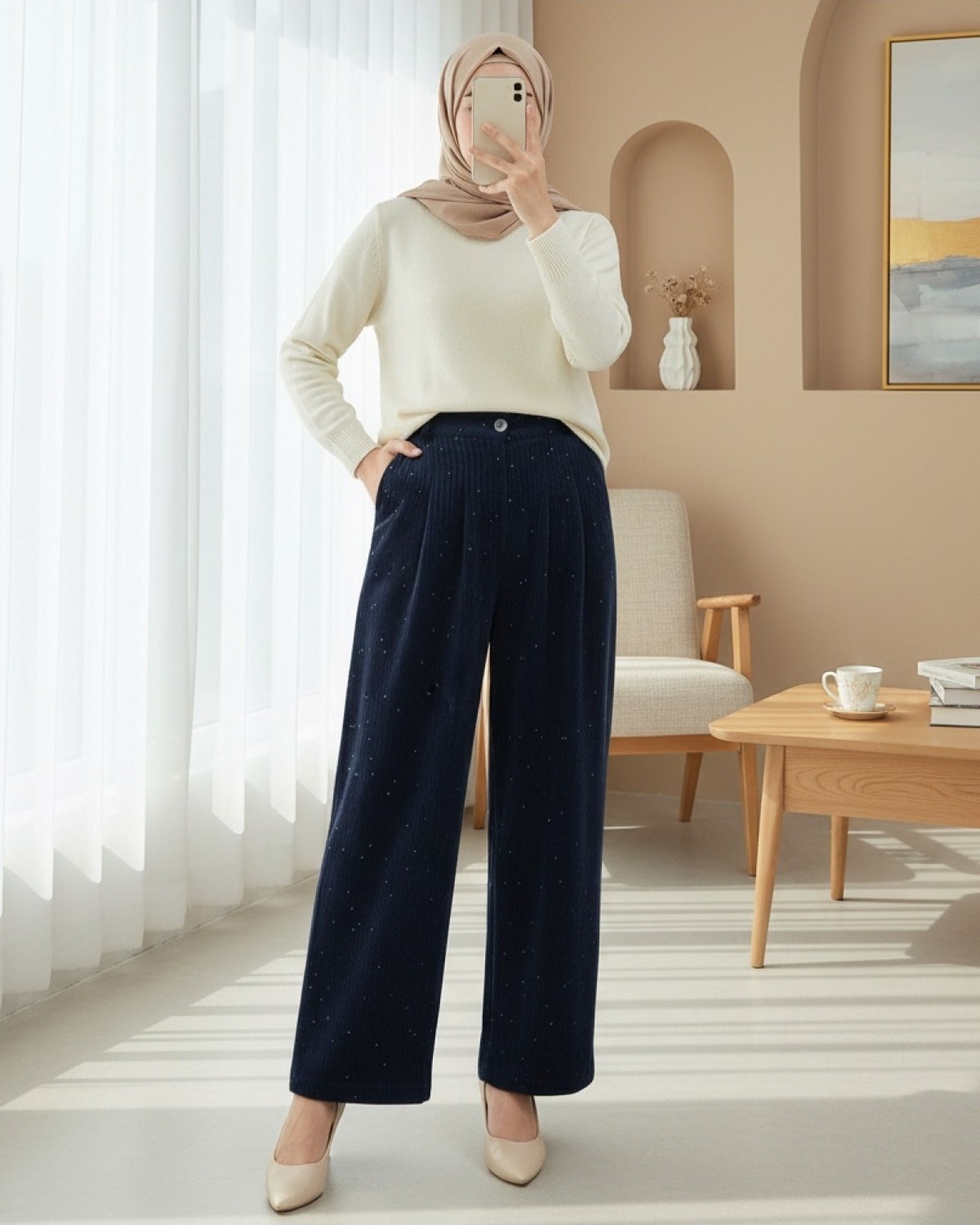 Moda Morfo Cepli Bol Paça Pul Detaylı Kadife Pantolon -Bej