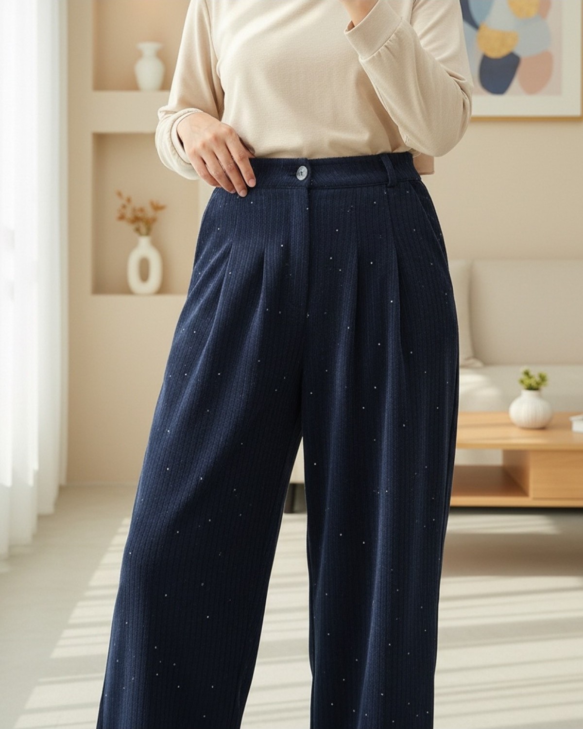 Moda Morfo Cepli Bol Paça Pul Detaylı Kadife Pantolon -Bej görsel 2