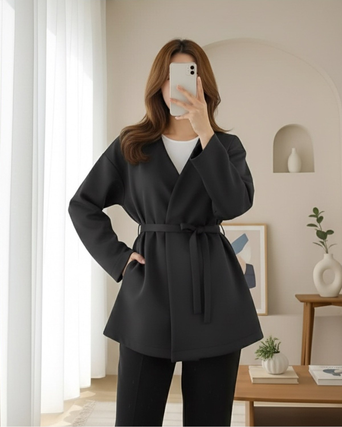 Moda Morfo Beli Kuşaklı V Yaka Scuba Kimono -Siyah