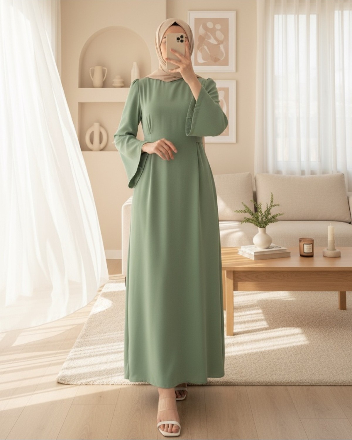 Moda Morfo Hakim Yaka Belden Bağlamalı Elbise -Zümrüt görsel 2