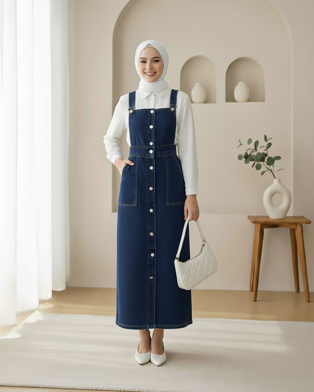 Moda Morfo Boydan Düğmeli Çift Cepli Kot Salopet -Buz Mavi
