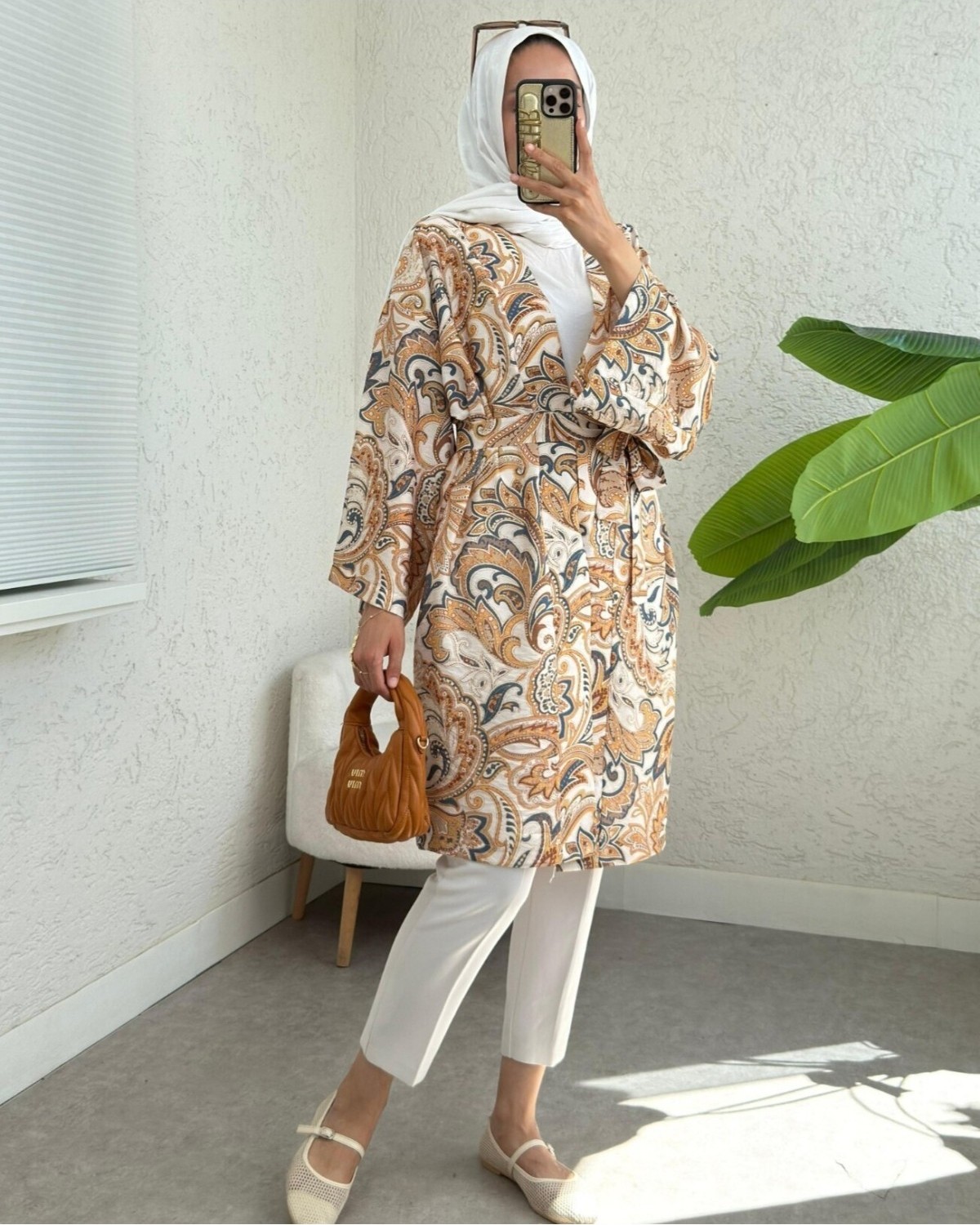 Moda Morfo Beli Bağlamalı Etnik Desen Modal Kimono -Bej görsel 3