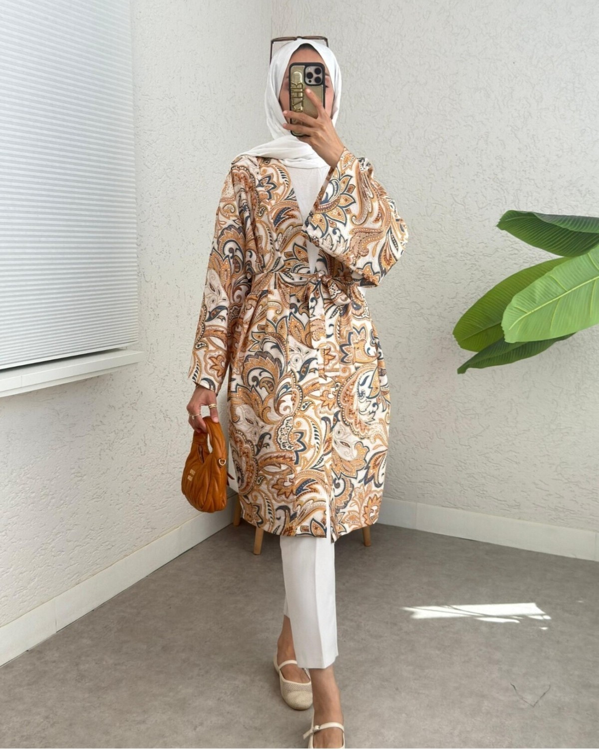 Moda Morfo Beli Bağlamalı Etnik Desen Modal Kimono -Bej görsel 4