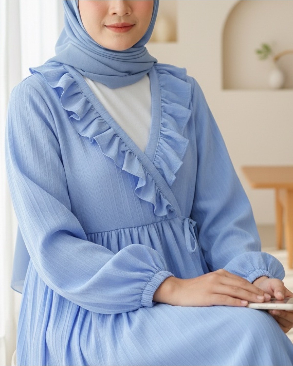 Moda Morfo Fırfırlı Önü Bağcıklı Kolu Lastikli Kimono -Mavi