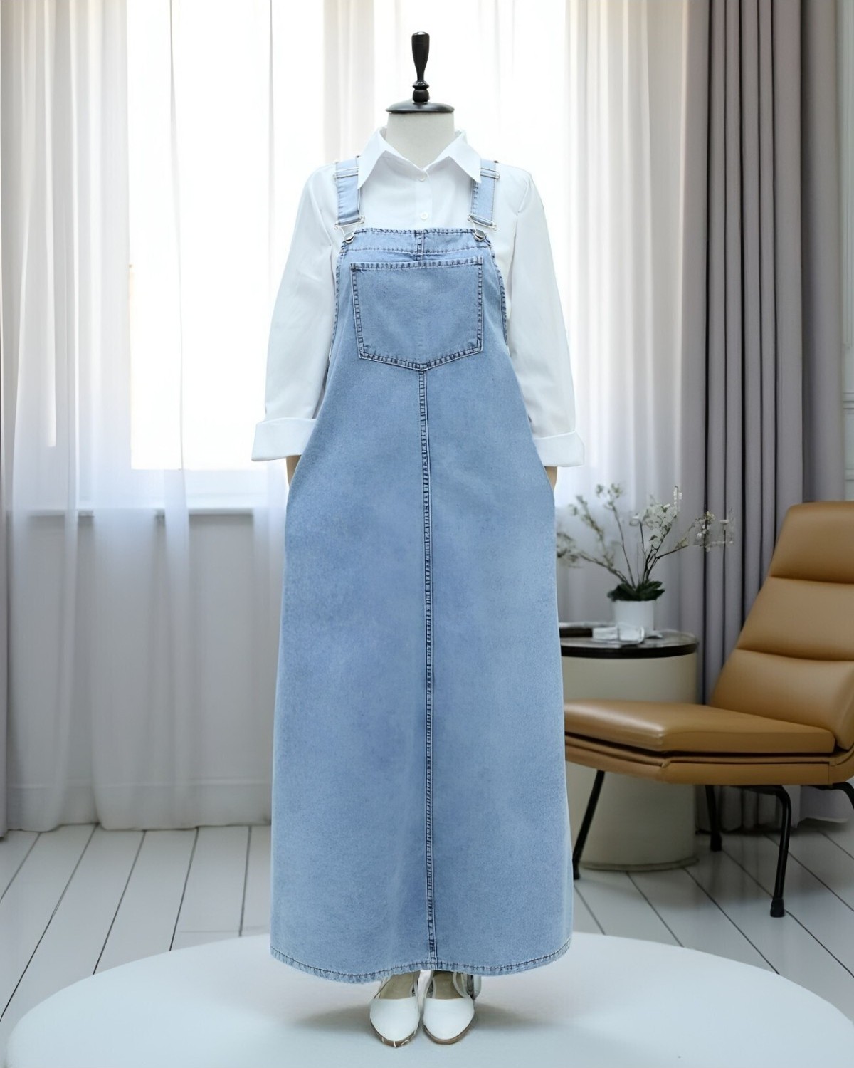 Moda Morfo Cep Detaylı Askılı Kot Salopet -Buz Mavi görsel 4