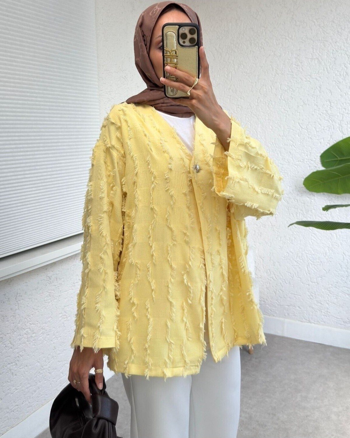 Moda Morfo Saçaklı Tek Düğmeli Kare Desenli Kimona -Sarı görsel 3