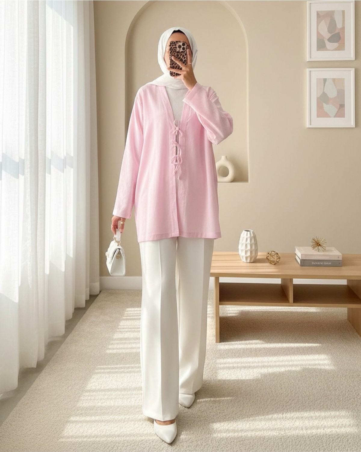Moda Morfo Önü Üç Bağcıklı Keten Kimono -Pudra görsel 6