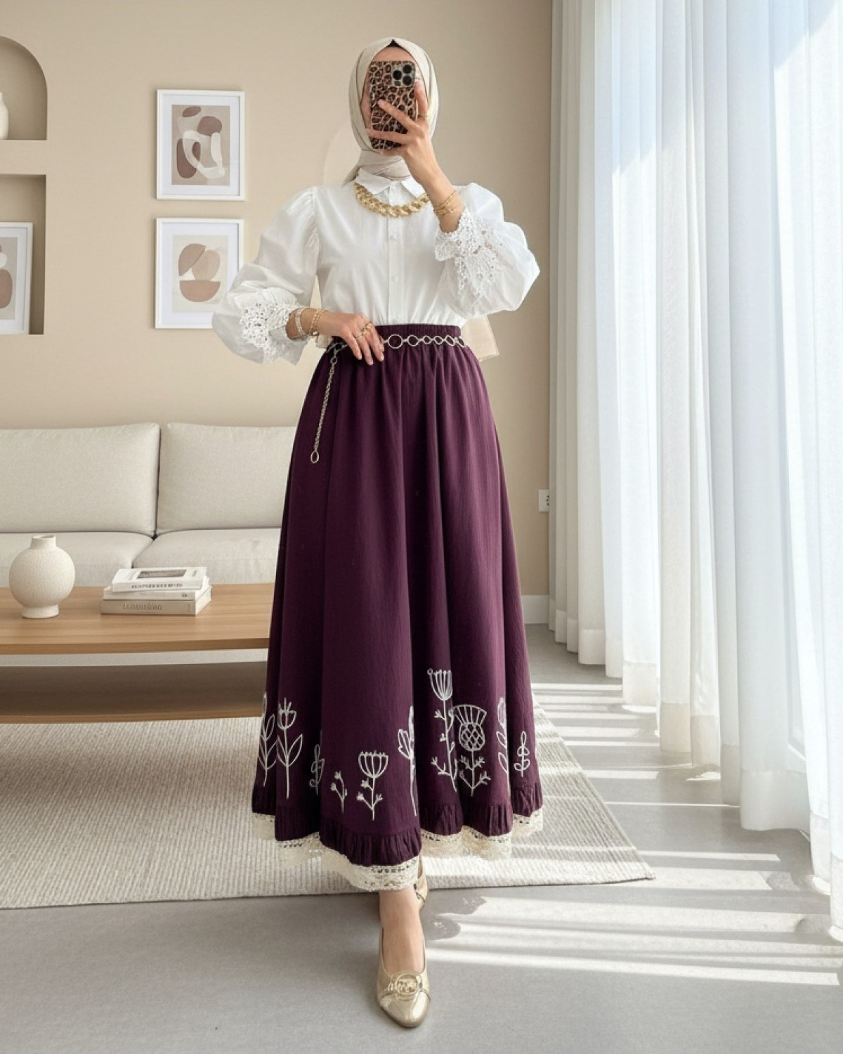 Moda Morfo Dantel İşlemeli Beli Lastikli Etek -Mürdüm görsel 2