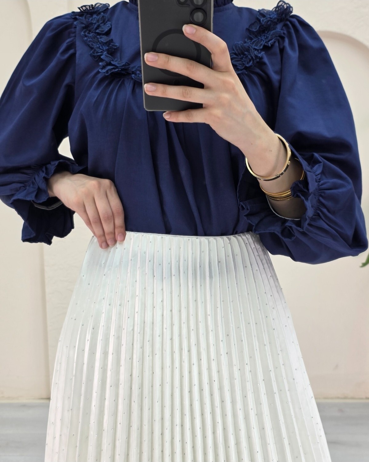 Moda Morfo Taşlı Pliseli Etek -Krem görsel 3
