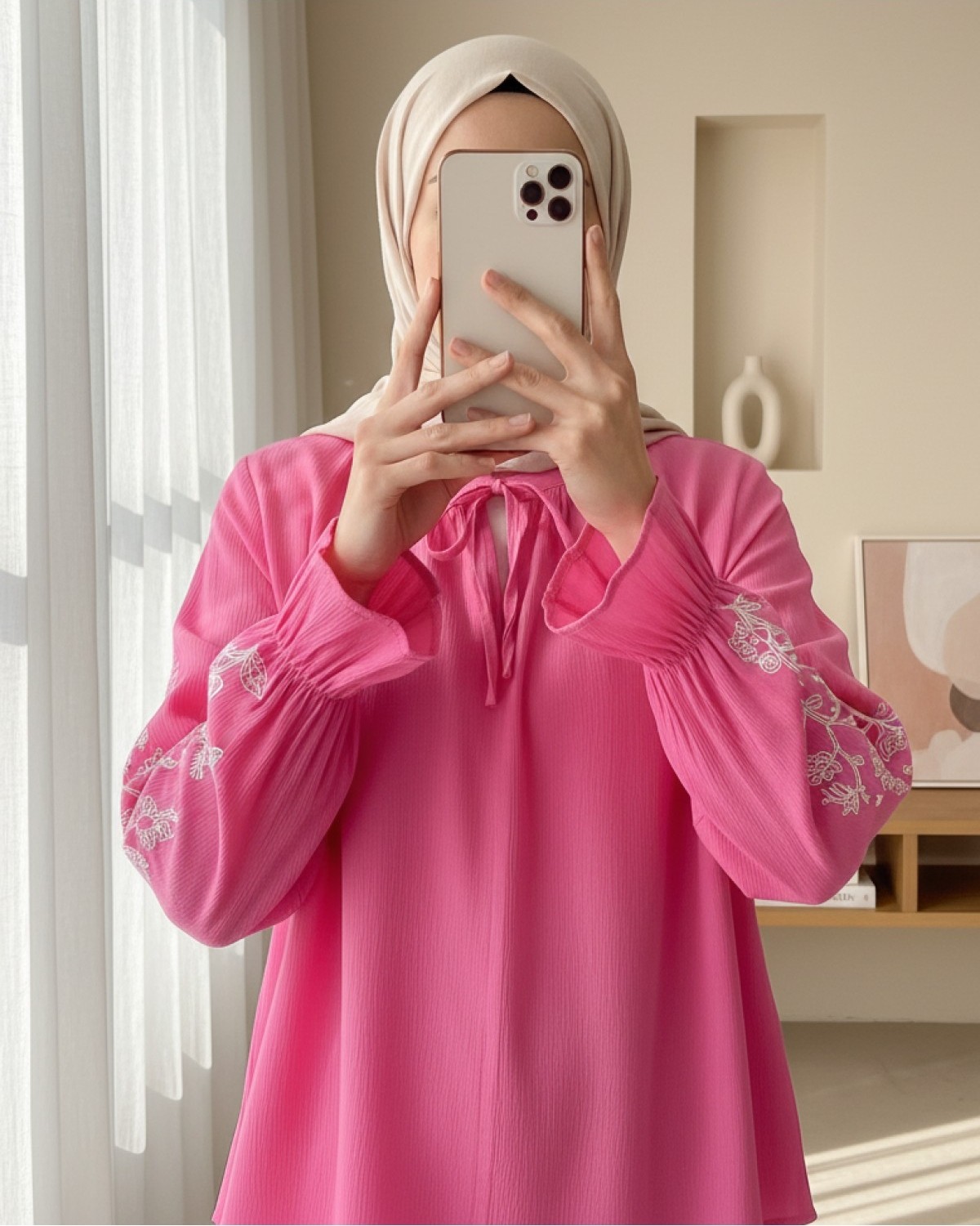 Moda Morfo Yakası Bağlamalı Kolu Nakışlı Lastikli Gömlek -Pembe görsel 2