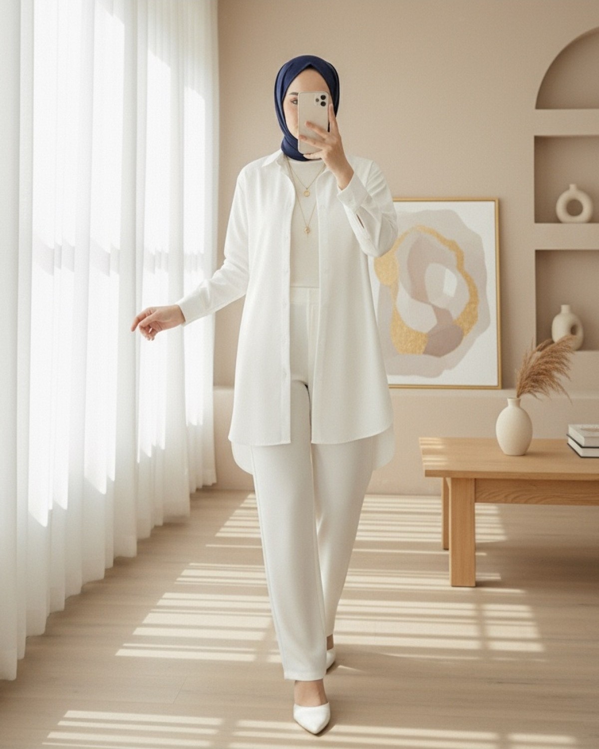 Moda Morfo Düğmeli Oversize Düz Gömlek -Beyaz
