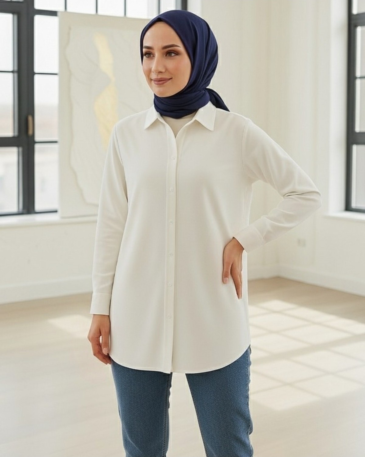 Moda Morfo Düğmeli Oversize Düz Gömlek -Beyaz görsel 2