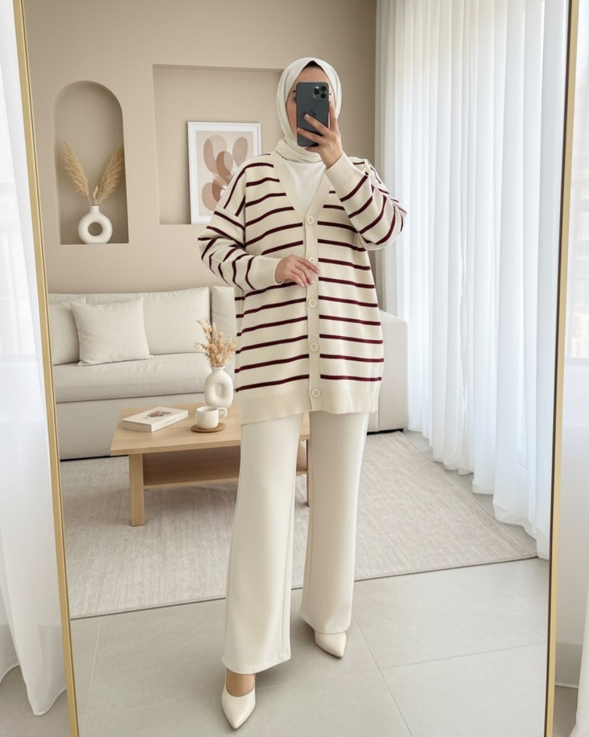 Moda Morfo Çizgili Düğmeli V Yaka Triko Hırka -Füme