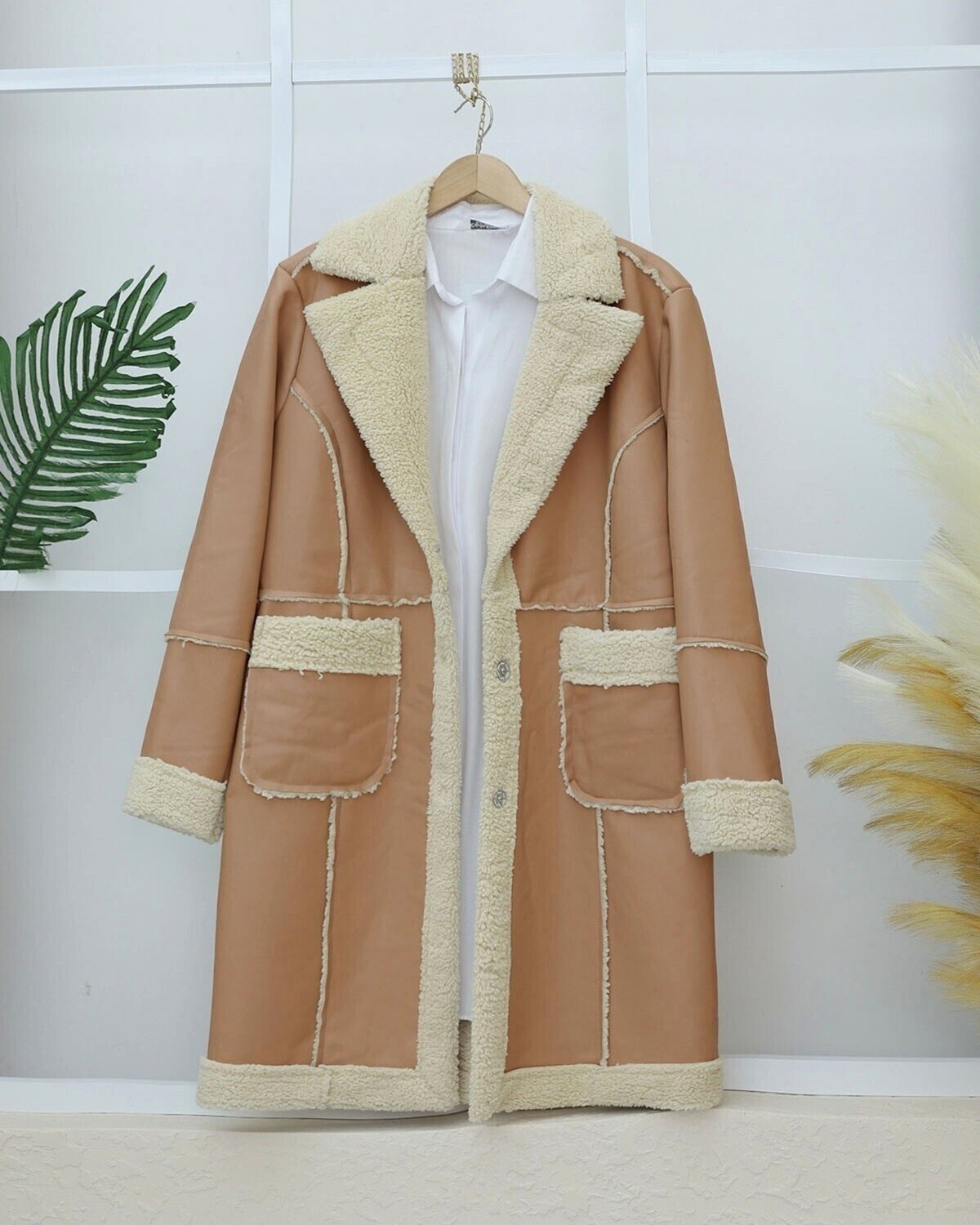 Moda Morfo İçi Peluşlu Çıtçıtlı Cepli Deri Mont -Vizon görsel 7