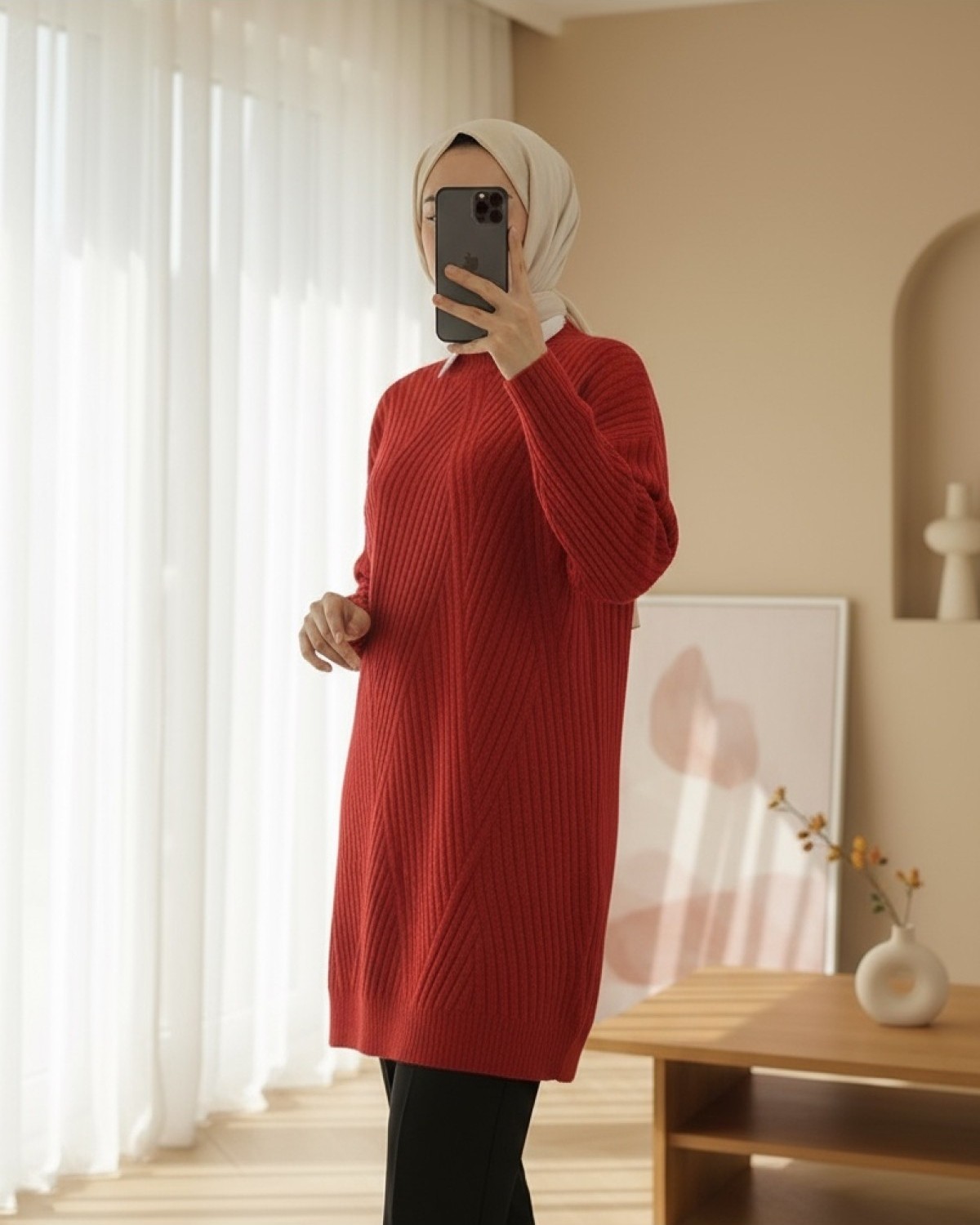 Moda Morfo Yürütme Örgü Baklava Desenli Triko Tunik -Siyah görsel 5