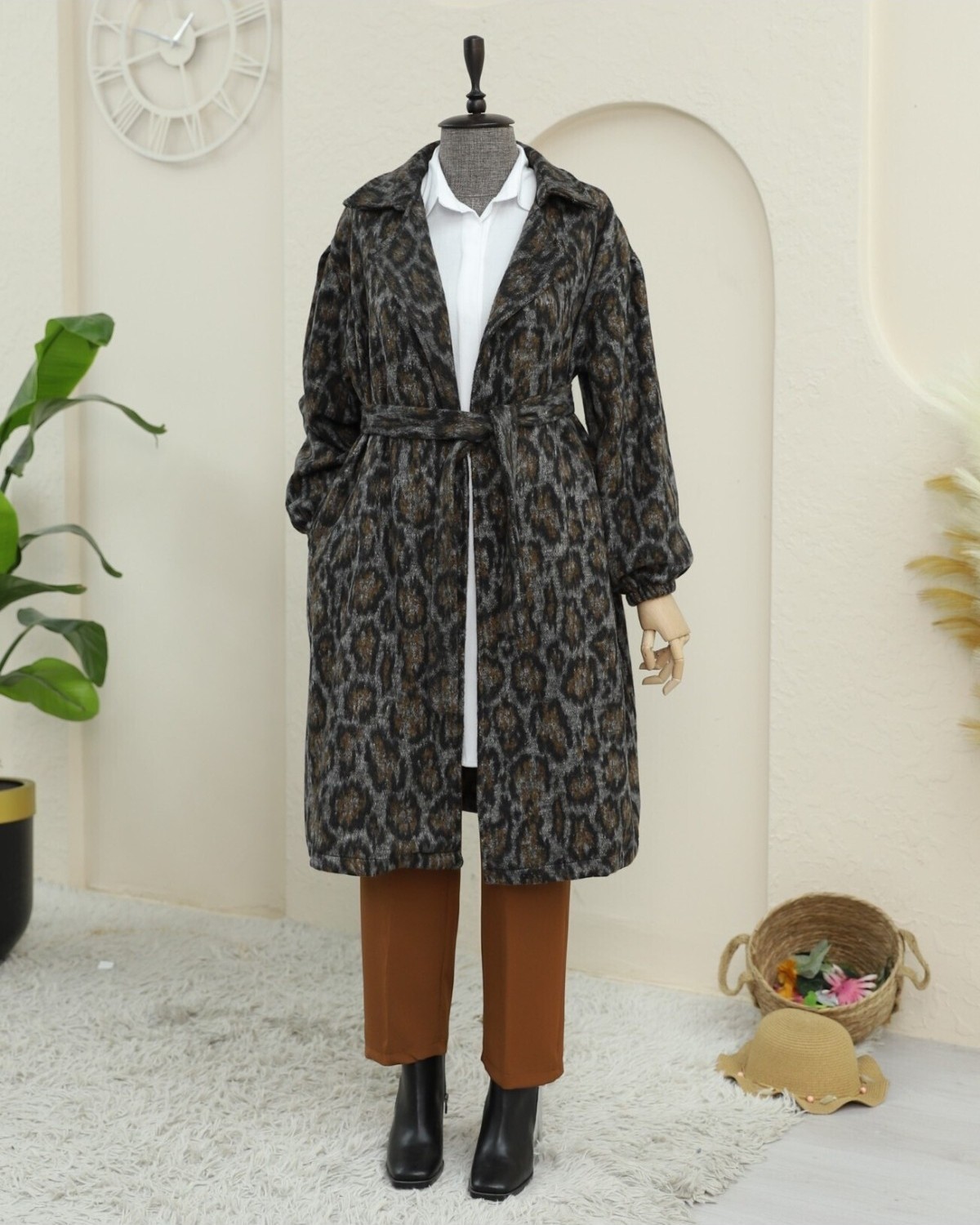 Moda Morfo Kruvaze Yaka Kemerli Cepli Leopar Desen Kaşe Kap -Leopar görsel 4