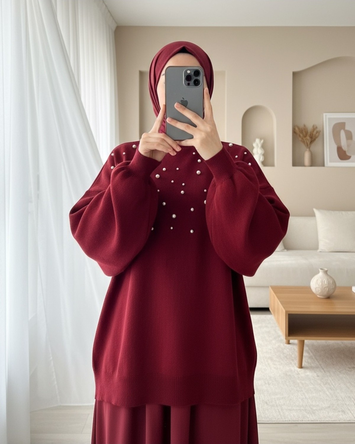 Moda Morfo İncili Balıkçı Yaka Balon Kol Triko -Bordo