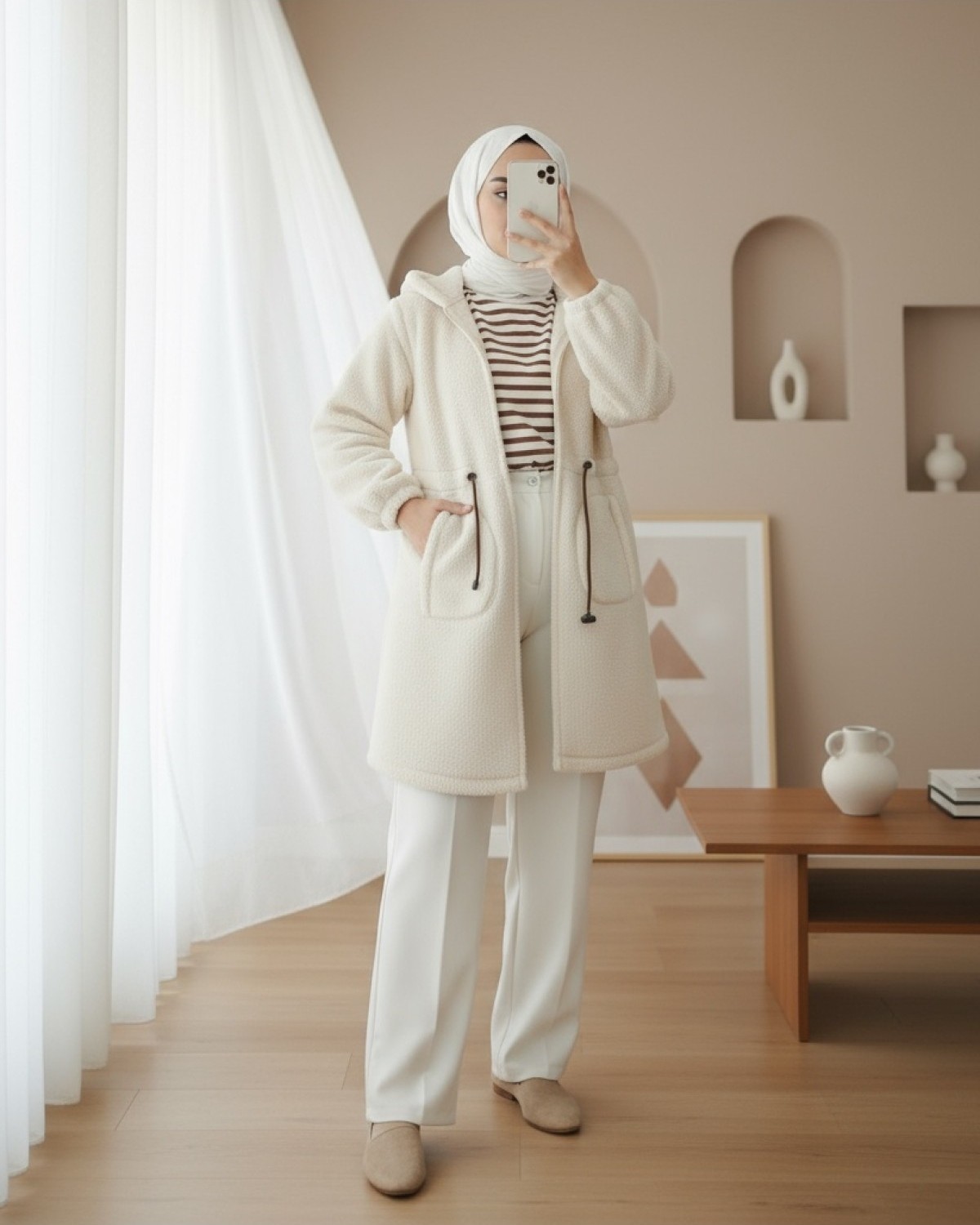 Moda Morfo Beli Lastikli Kapşonlu Fermuarlı Peluş Mont -Ekru