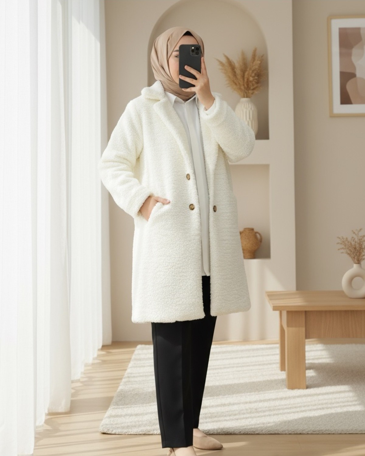 Moda Morfo Düğmeli Astarlı Önden Cepli Peluş Kaban -Ekru görsel 8
