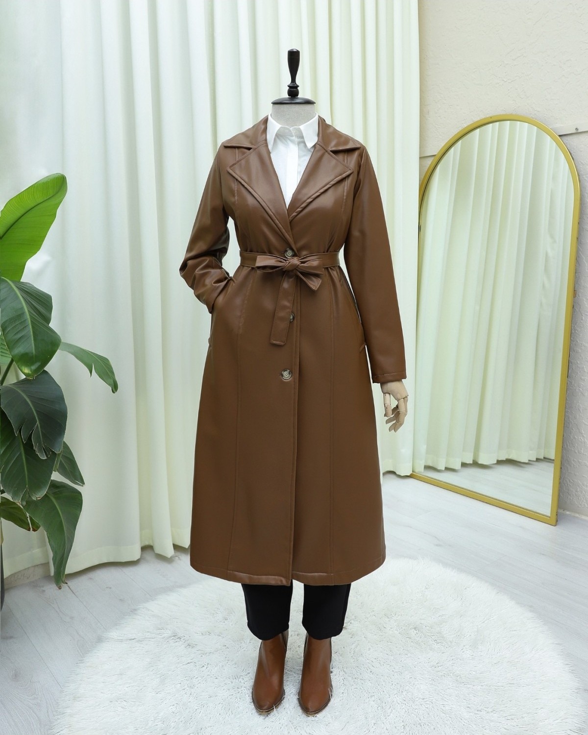 Moda Morfo Bağcıklı Düğmeli Deri Trençkot -Bej