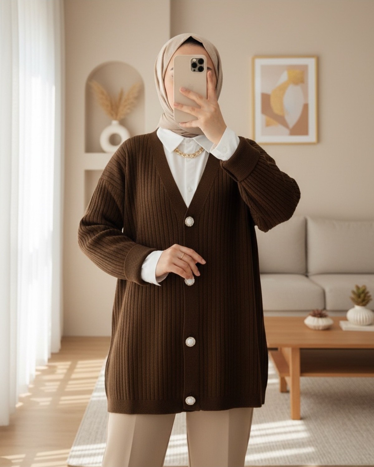 Moda Morfo Düğmeli Fitilli Triko Hırka -Kahve görsel 2
