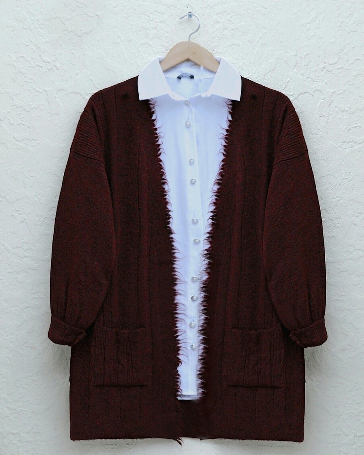 Moda Morfo Püskül Detaylı Cepli Triko Hırka -Bordo görsel 2