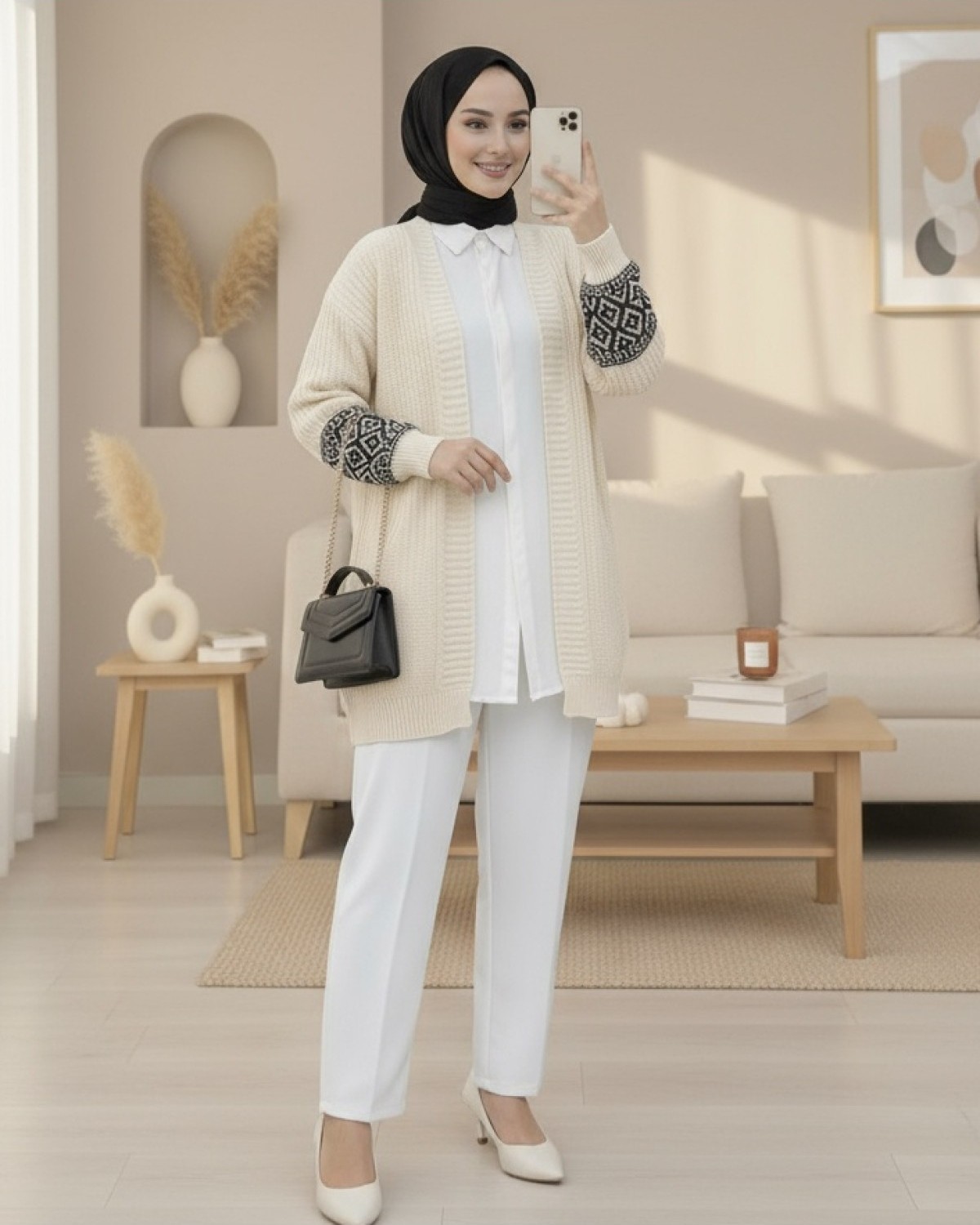 Moda Morfo Kolları Desenli Triko Hırka -Krem görsel 2