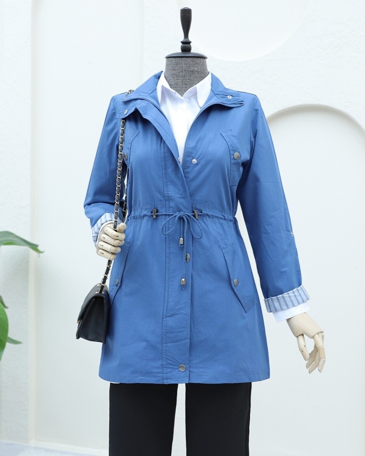 Moda Morfo Kolu Katlamalı Tünel Bağcıklı Araboy Yazlık Trençkot -İndigo görsel 3