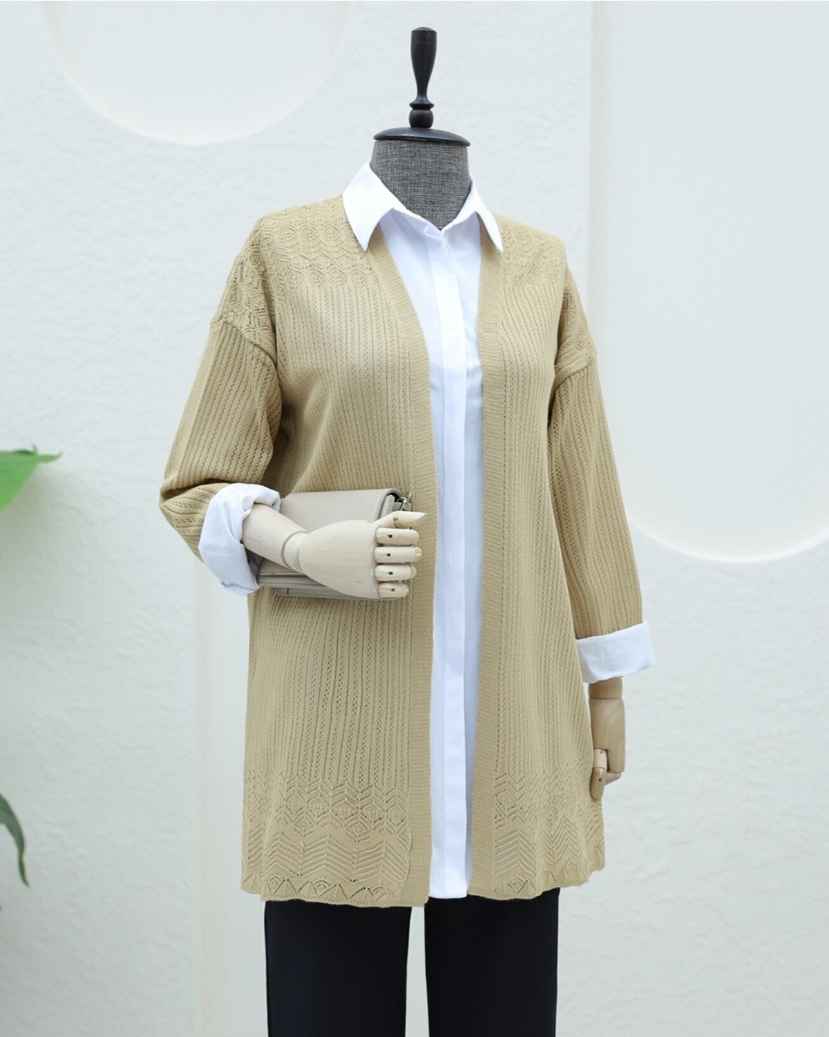 Moda Morfo Eteği Desenli Ajurlu Hırka -Taş görsel 4