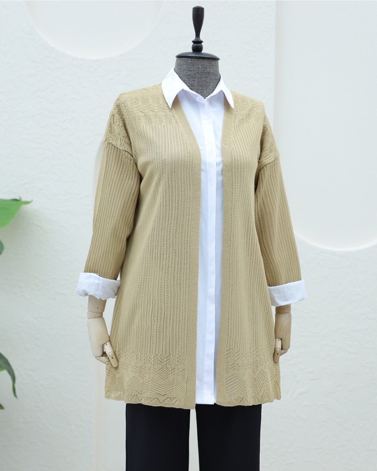 Moda Morfo Eteği Desenli Ajurlu Hırka -Taş görsel 5
