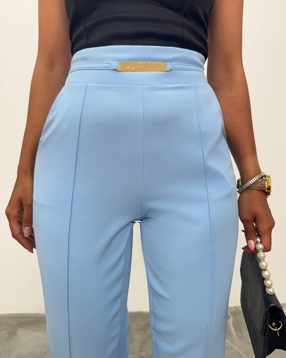 Moda Morfo Beli Lastikli Cepli Metal Detaylı Pantolon -Bebe Mavi görsel 4