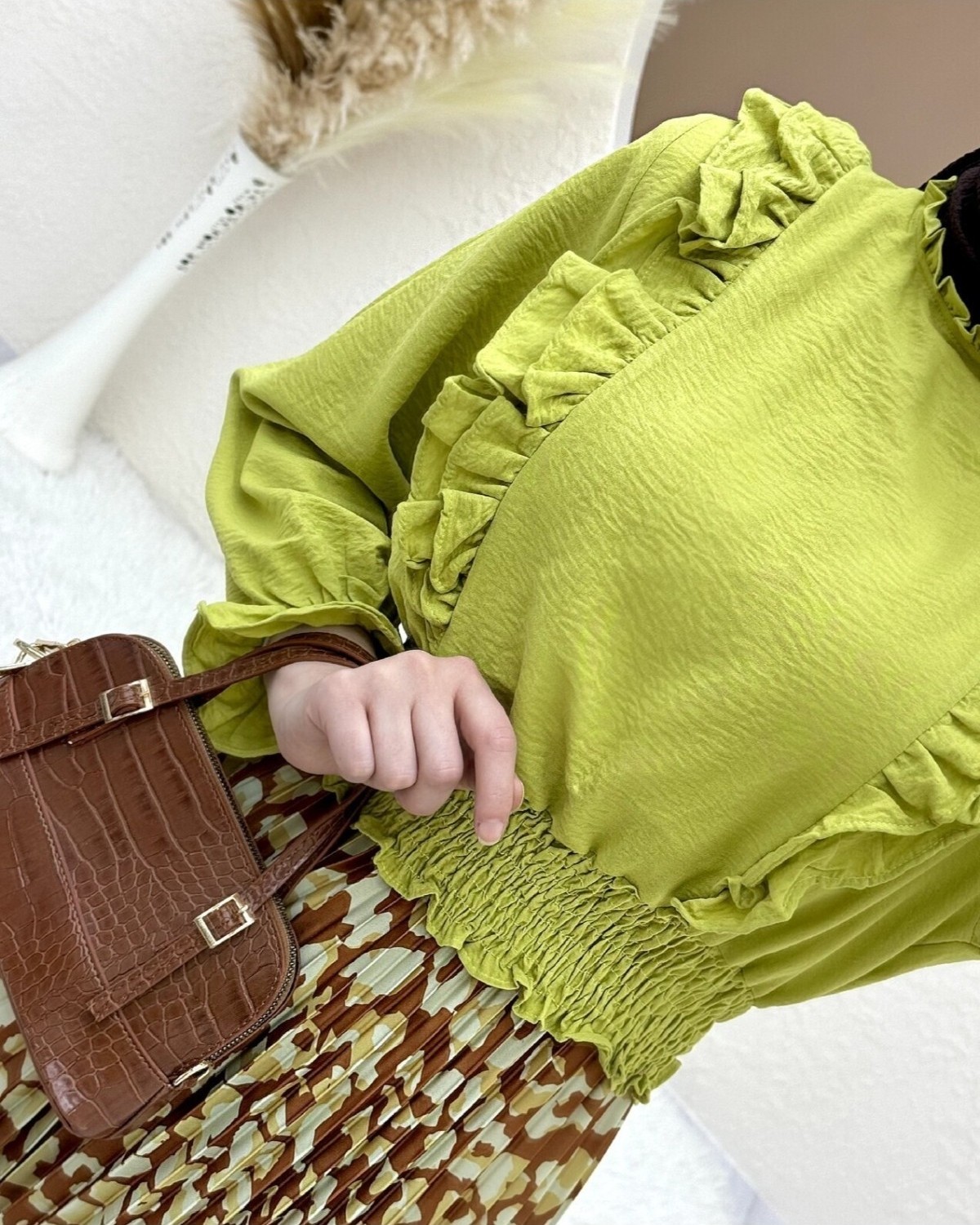 Moda Morfo Dijital Baskılı Pliseli Etek -Taba görsel 4