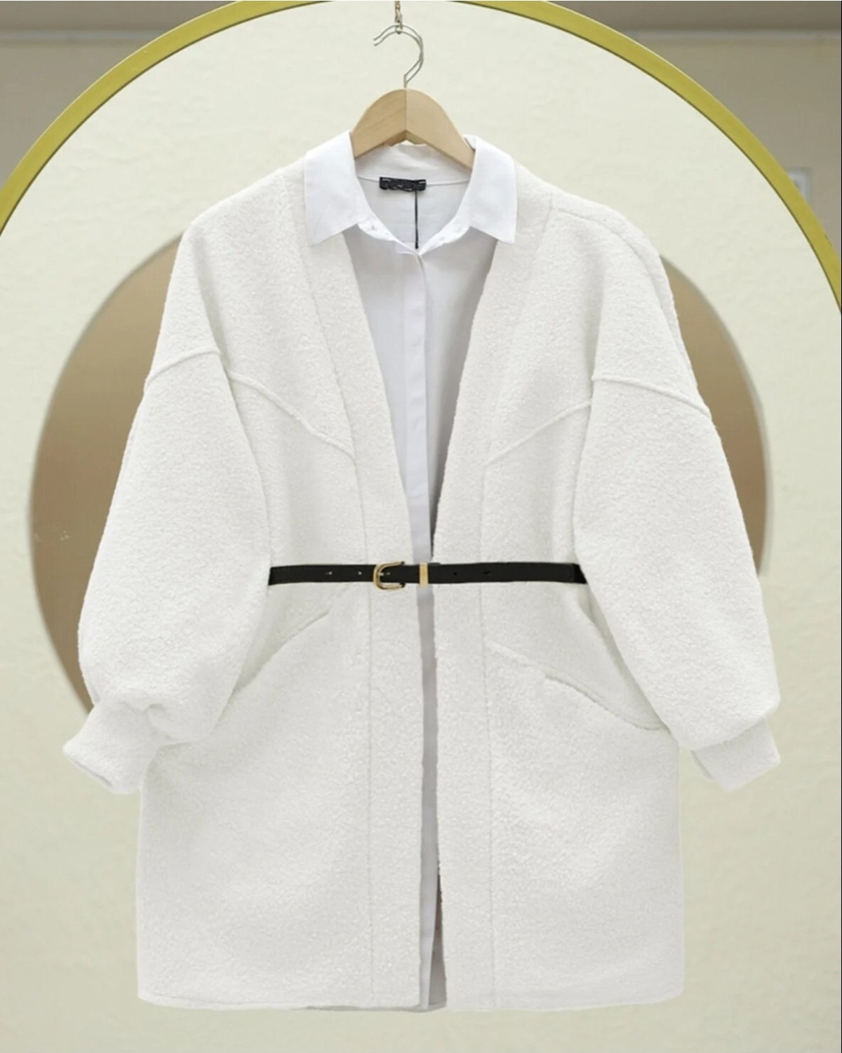 Moda Morfo Cepli Balon Kol Oversize Buklet Ceket -Beyaz