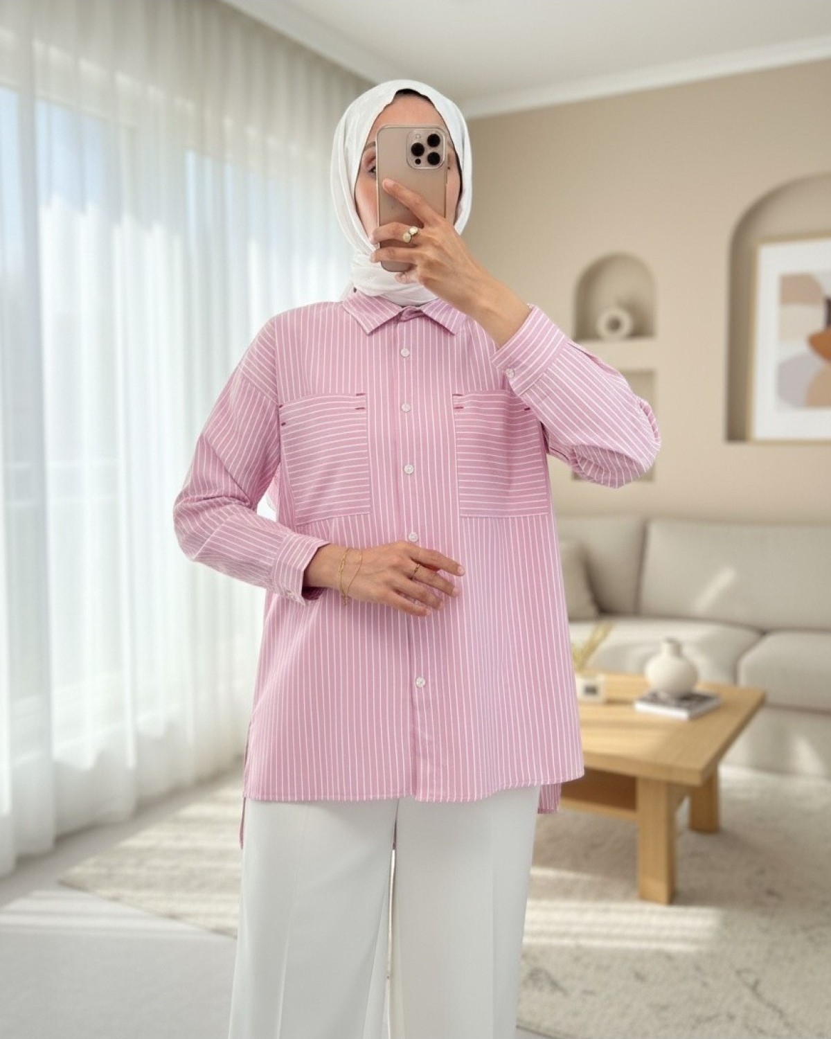 Moda Morfo Puntalı Çizgili Gömlek -Pembe