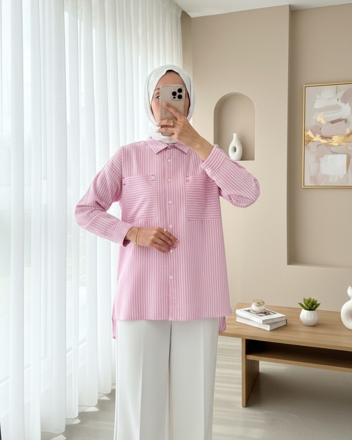 Moda Morfo Puntalı Çizgili Gömlek -Pembe görsel 2