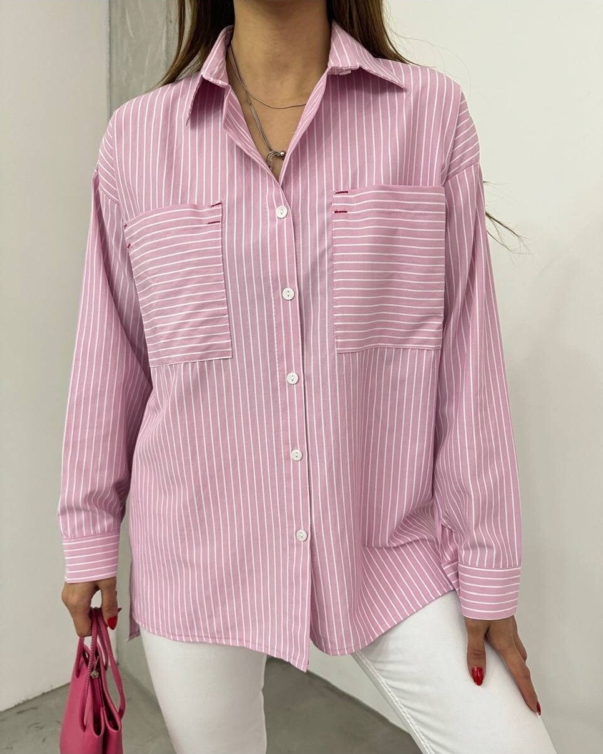 Moda Morfo Puntalı Çizgili Gömlek -Pembe görsel 7