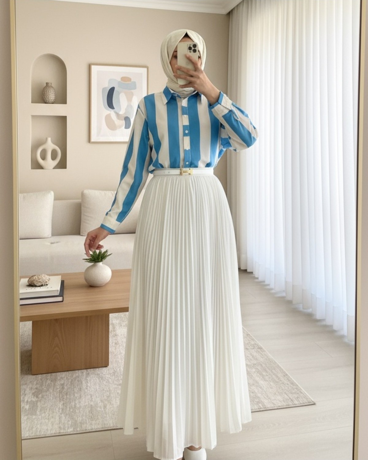 Moda Morfo Kalın Çizgili Düğmeli Gömlek -Vizon