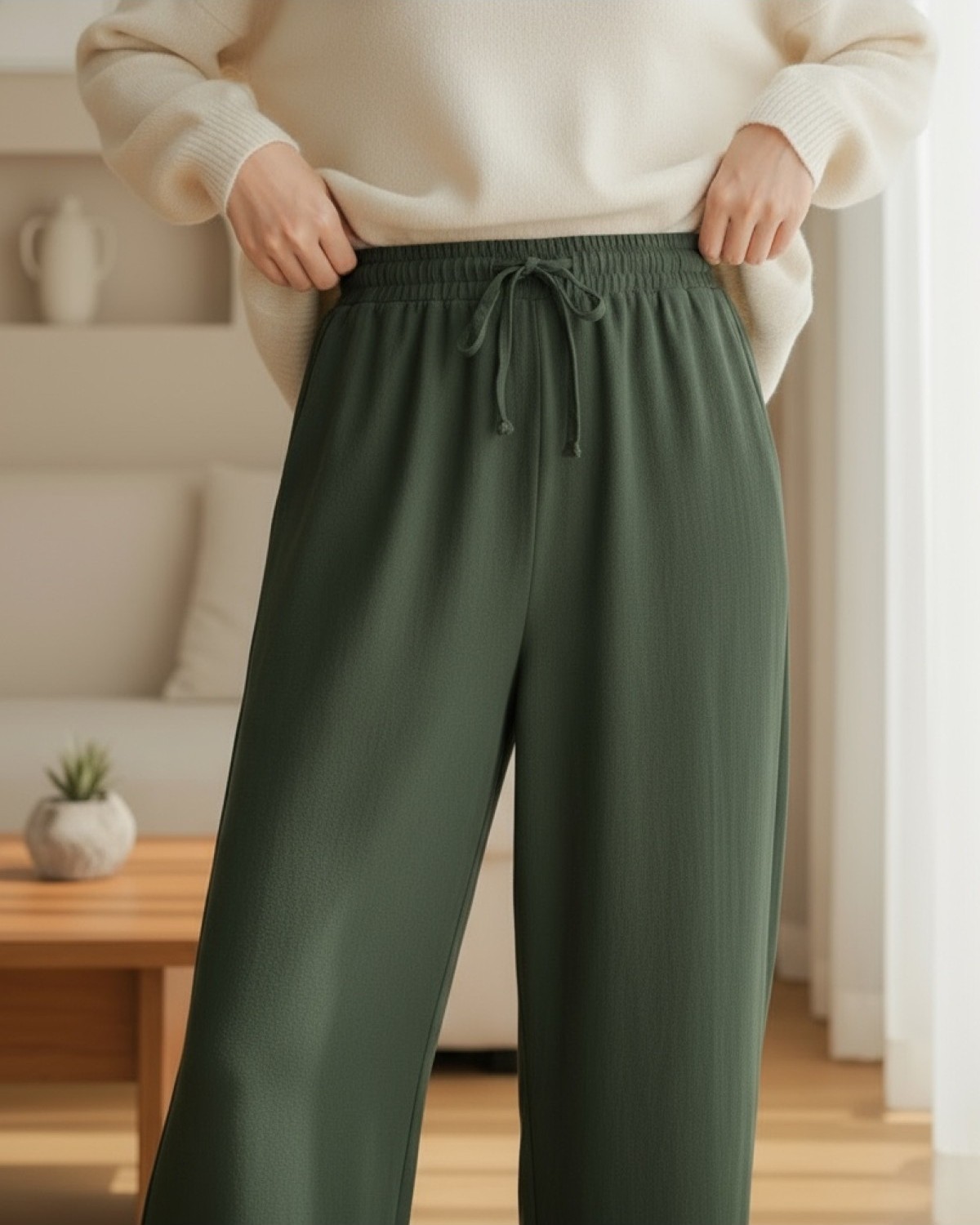 Moda Morfo Bağcık Detaylı Bol Paça Beli Lastikli Keten Pantolon -Kahve