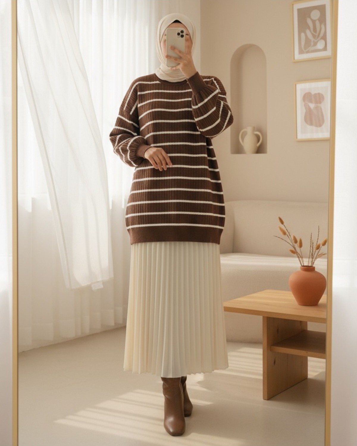 Moda Morfo Bisiklet Yaka Fitilli Triko Tunik -Kahve
