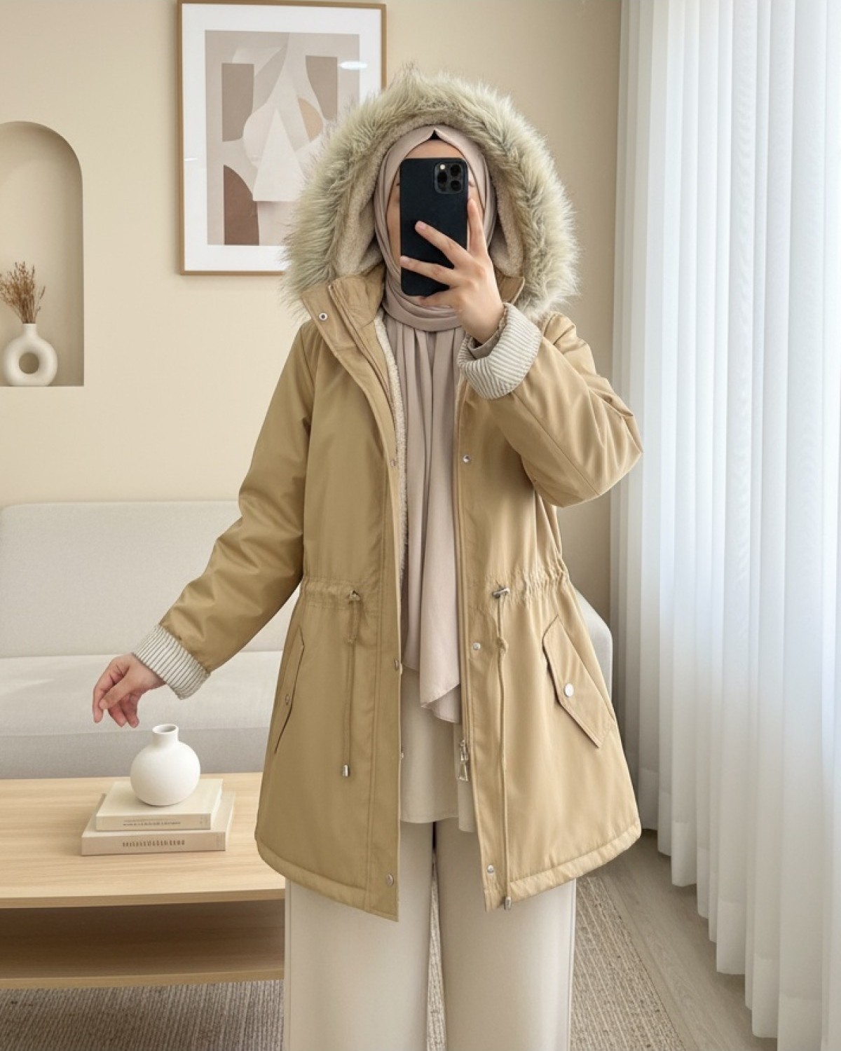 Moda Morfo Kürklü Çıkma Kapşonlu İçi Peluşlu Mont -Vizon