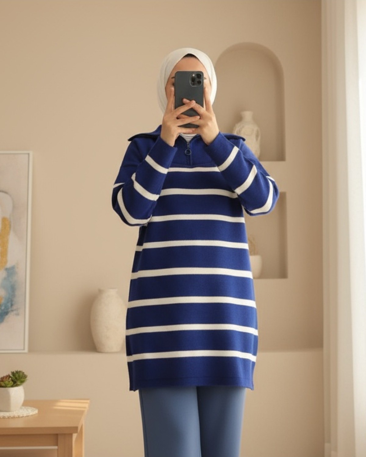 Moda Morfo Yakası Fermuarlı Çizgili Triko Tunik -Saks