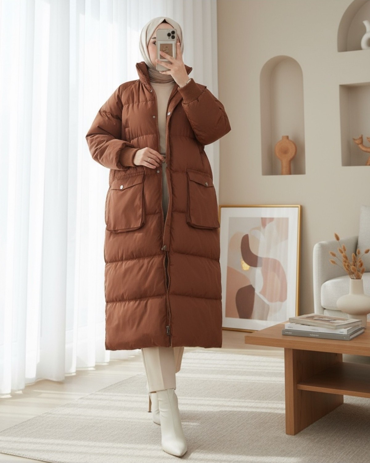 Moda Morfo Gizli Kapşonlu Elyaf Dolum Şişme Kaban -K. Kahve görsel 2
